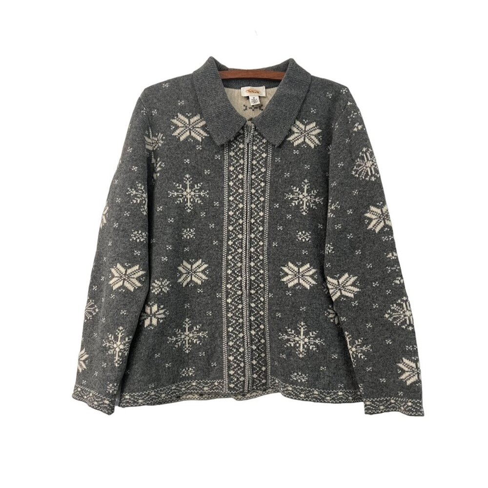 Talbots Womens Gray Cream Wool Snowflake Fair Isle Full Zip Cardigan Italy M